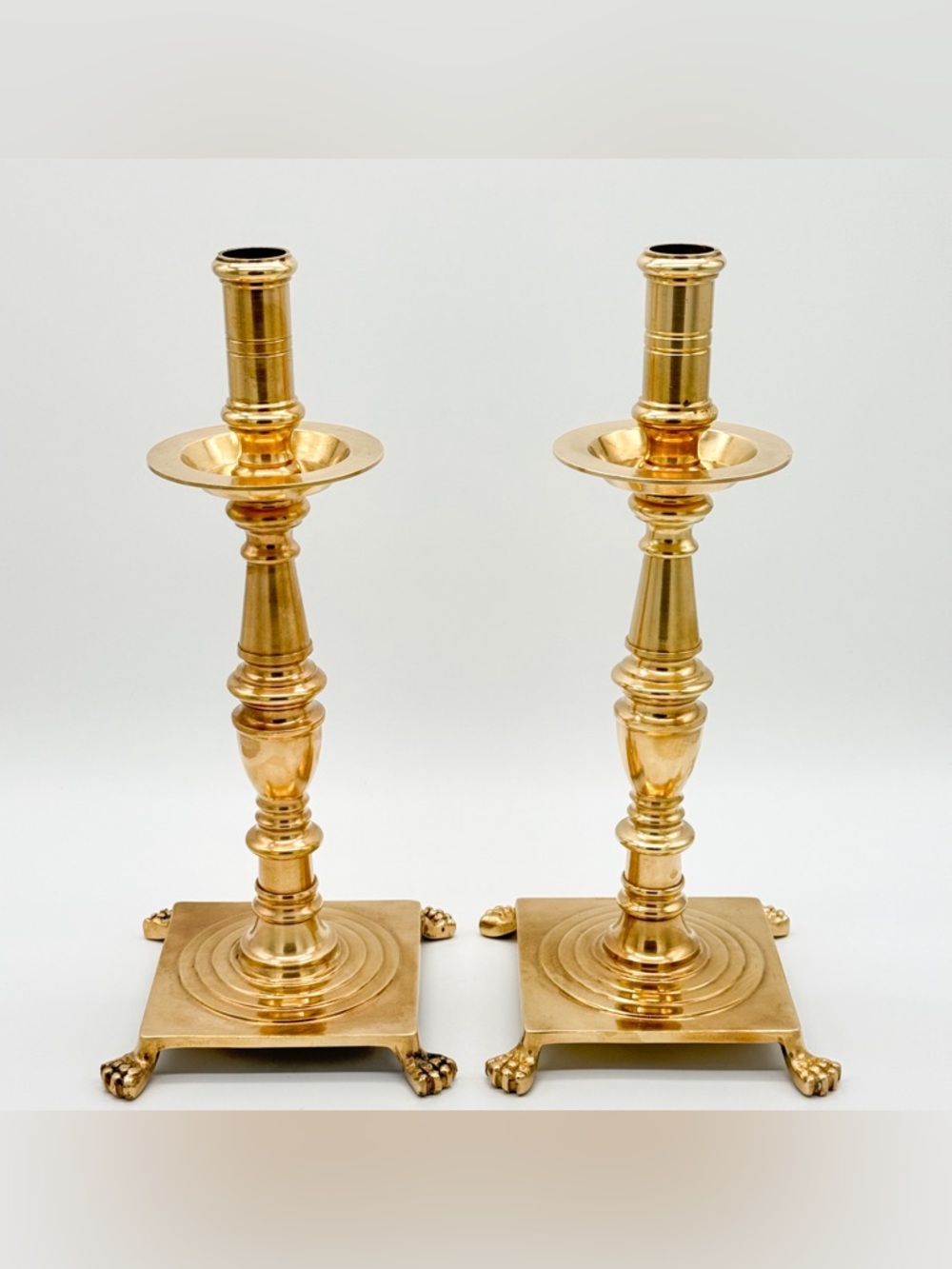 Pair Of Vintage Solid Brass Claw Foot Candlesticks Candle Holders 12” Drip Cups